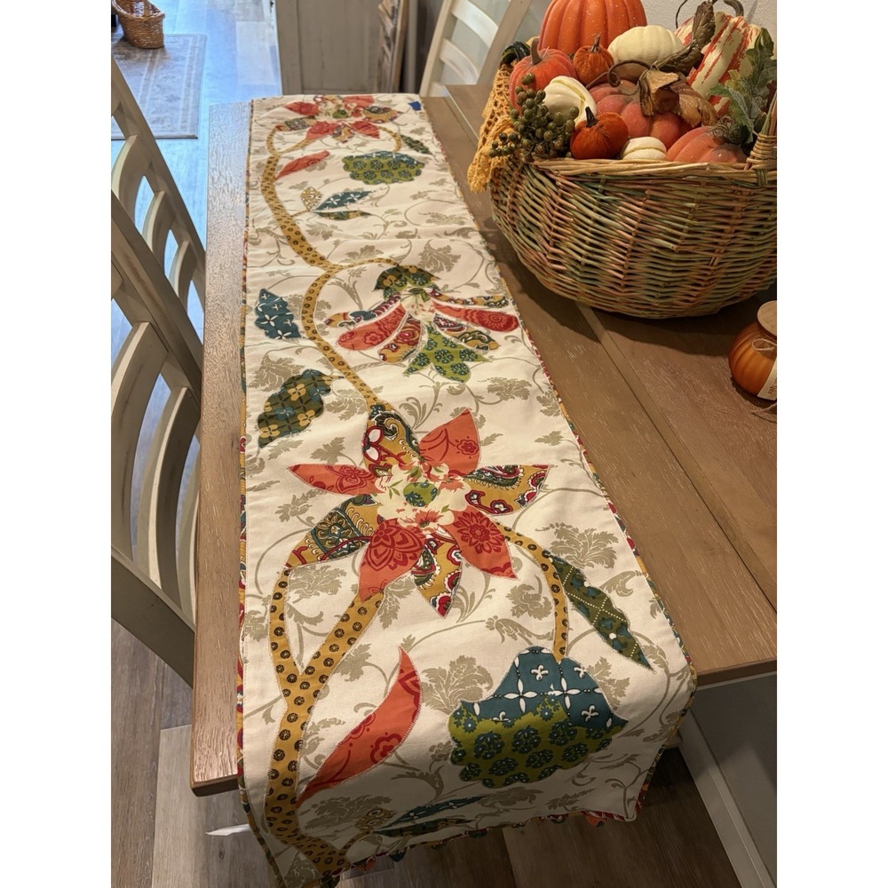 Pier 1 Imports Foral Applique Table Runner 72"x13" Pom Poms All Season or Autumn